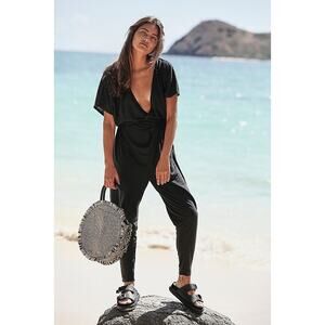 NWT FP Beach Free People Jumpsuit Wrap Tie V Neck Black Linen Blend Knit XS